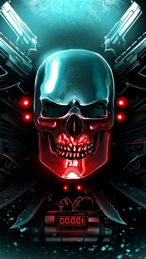 A Digital Painting Of A Skull With Red Eyes And Glowing Lights On Its Face