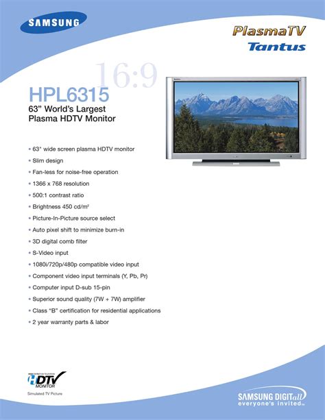 Samsung 9hpl6315 Brochure And Specs Pdf Download Manualslib