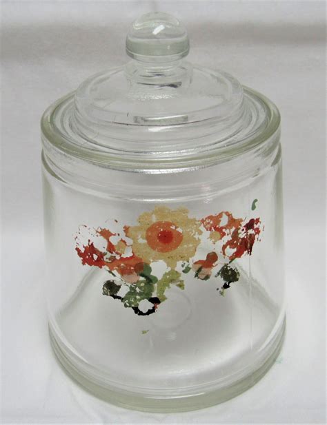 Vintage Glass Vanity Apothecary Jar With Lid Small With Decal C 1930s