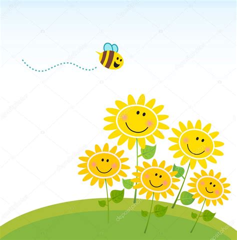 cute yellow honey bee with group of flowers — stock vector © beeandglow 5106519