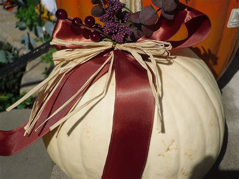 White pumpkin with copper ribbon and burgundy and plum accents. | Easy