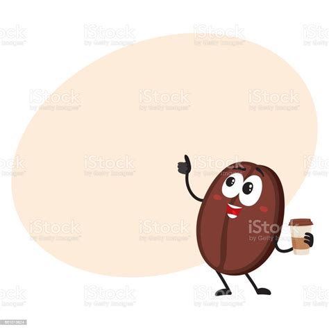 Funny Coffee Bean Character With Paper Cup Showing Thumb Up Stock