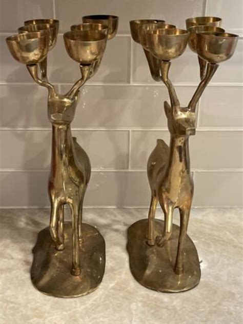 Vintage Large Brass Deer Antler 6 Candle Holder Candelabra Set Etsy