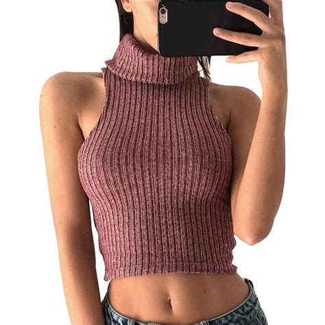 Yjsfg House Turtleneck Sweater Women Sleeveless Off Shoulder Sexy Pullover Crop Tops Knitted