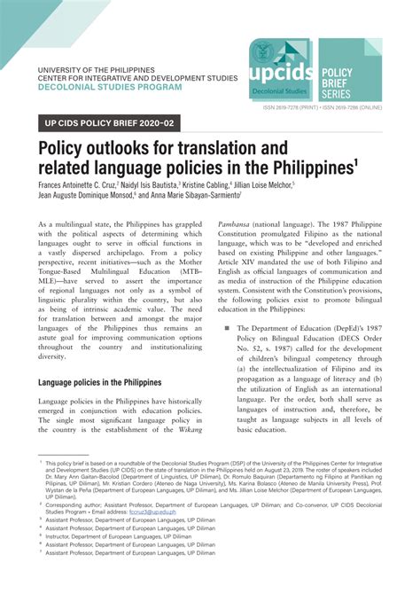 Pdf Policy Outlooks For Translation And Related Language Policies In The Philippines