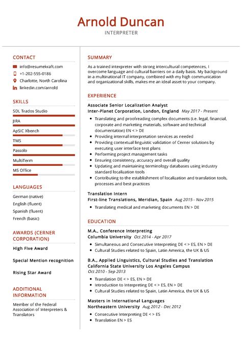 interpreter resume sample resumekraft
