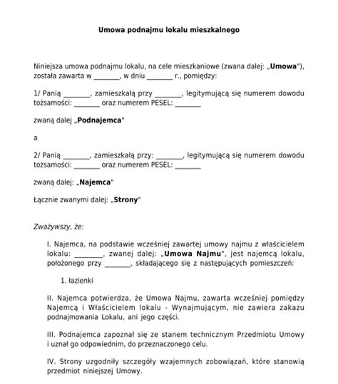 Umowa Podnajmu Lokalu Wz R Przyk Ad Word I Pdf