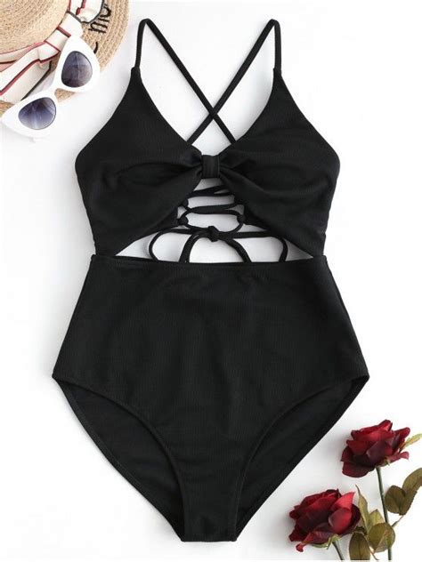 [27 off] 2021 zaful textured lace up cutout one piece swimsuit in black zaful