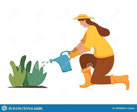 Woman Waters Plants From A Watering Canagriculture Gardener Hobby