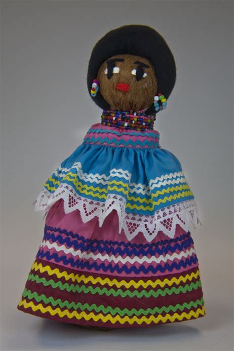 Florida Seminole Indian Doll Made From Palmetto Fiber Wearing Bright Dress With Rick Rack Full