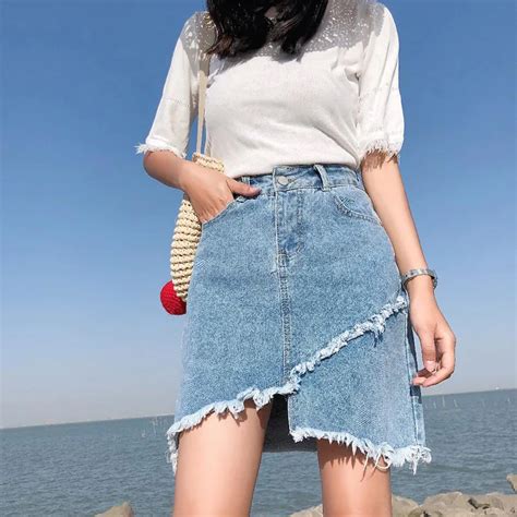kymakutu chic irregular denim hot skirts for women a line high waist sexy mini jeans skirt all
