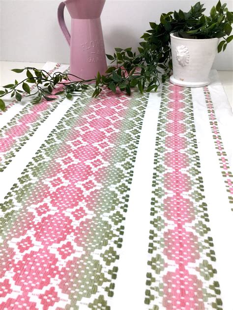 50s Woven Vintage Swedish Table Runner Pink Green Embroidered Etsy