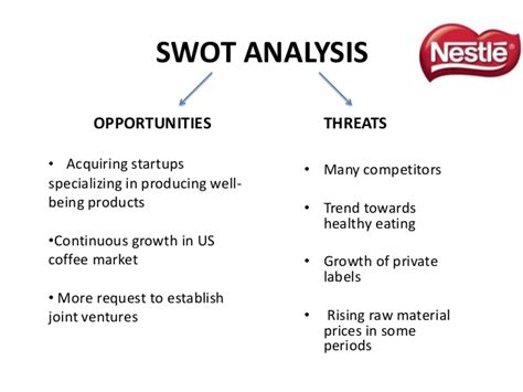 Swot analysisthe swot analysis is part of a strategic planning process for small and medium sized organizations mostly (houben, 1999). Nestle Analysis