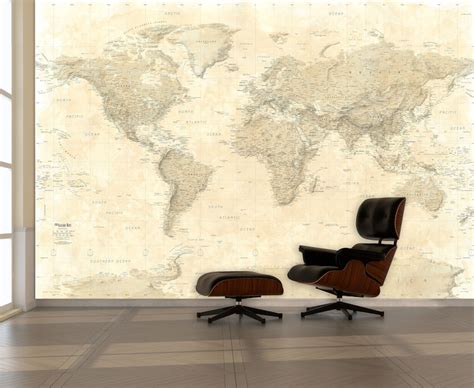 Sepia Tone Giant World Map Wall Mural Removable Wallpaper Etsy