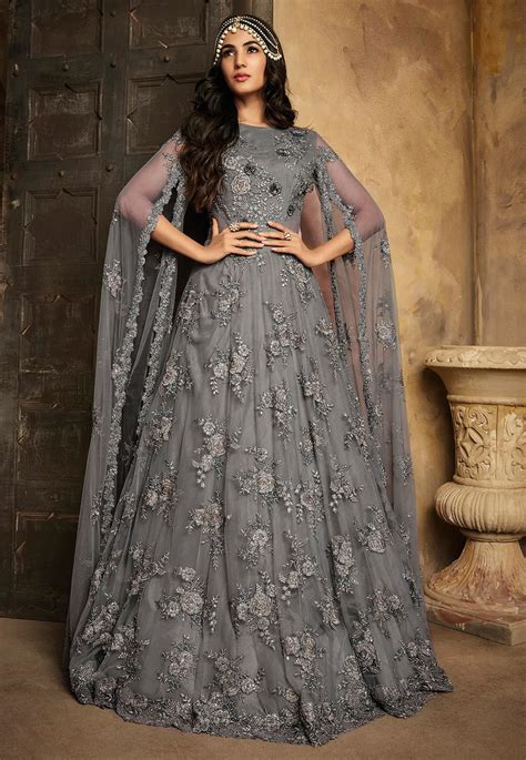 Buy Embroidered Net Gown In Grey Online Tch23 Utsav Fashion