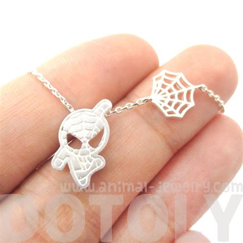 Chibi Spiderman And Spider Web Shaped Charm Necklace In Silver · Dotoly