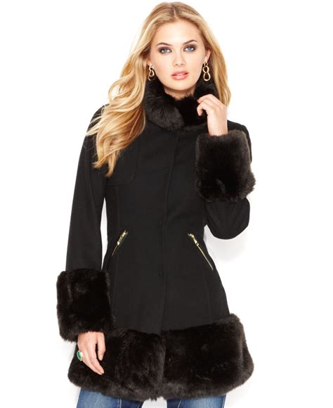 Guess Stand Collar Faux Fur Trim Coat In Black Lyst