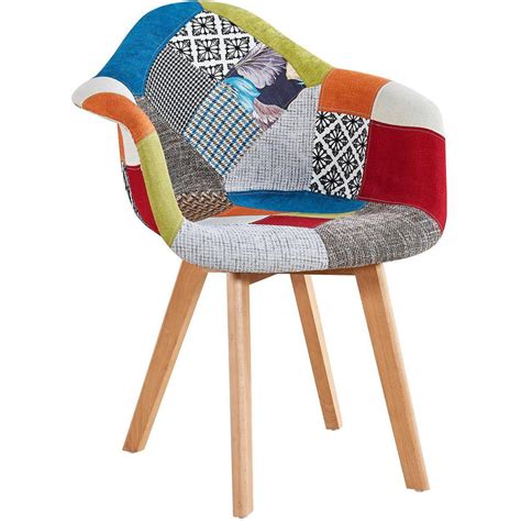 Fauteuil patchwork tissu multicolore et pieds bois clair Sandye