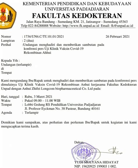 Undangan Menghadiri dan Memberikan Sambutan Konferensi Pers Uji Klinik