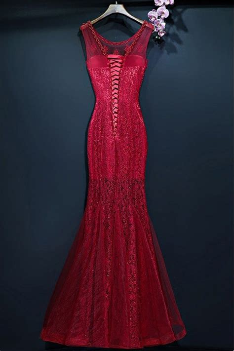 Burgundy Slim Long Mermaid Formal Dress With Lace Sleeveless 119 9 Myx18259