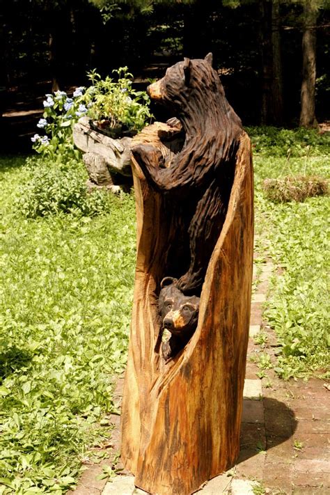 Animal Wood Log Carvings Chainsaw Carving Tree Carved Bear Bears Cubs