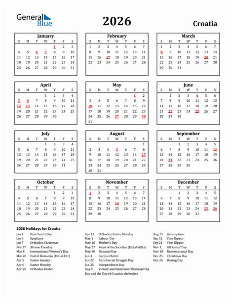 Free Printable 2026 Croatia Holiday Calendar