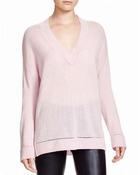 Vince Cashmere Pointelle Trim V Neck Sweater In Pink Orchid Lyst