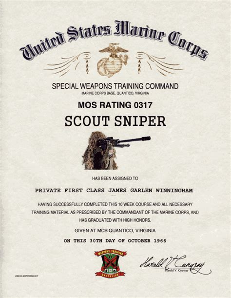 Mos 8541 0317 Usmc Scout Sniper School Certificate And Id Card