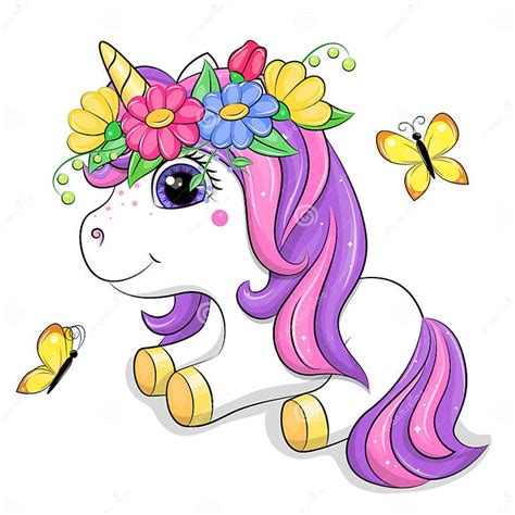 Cute Cartoon Unicorn With Flowers And Butterflies Stock Vector