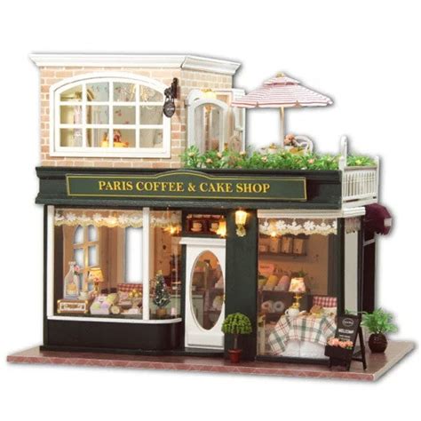 Dollhouse Paris Coffee And Cake Shop With Music Box And Led Light Mini
