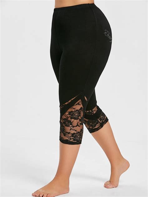 OFF Lace Panel Plus Size Cropped Leggings Rosegal