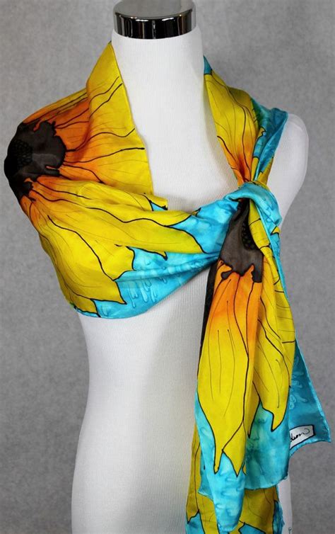Hand Painted Habotai Silk Scarf Yellow Sunflowers On A Etsy Canada