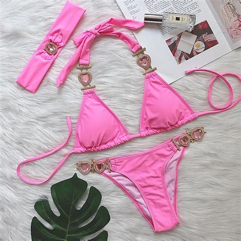 Pink Sexy Bikinis Swimsuit With Heart Rhinestones Women Swimwear Female