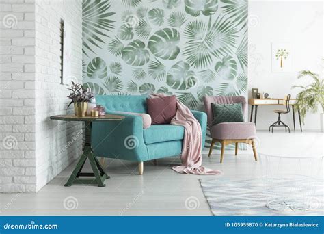 Green Wallpaper In Living Room Stock Photo Image Of Monstera Bright