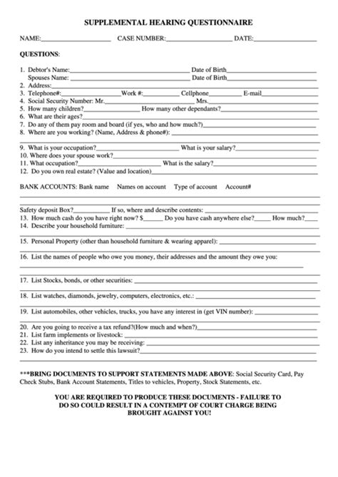 Supplemental Hearing Questionnaire Template Printable Pdf Download