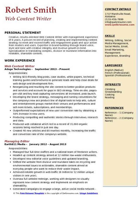 Check spelling or type a new query. Web Content Writer Resume Samples | QwikResume