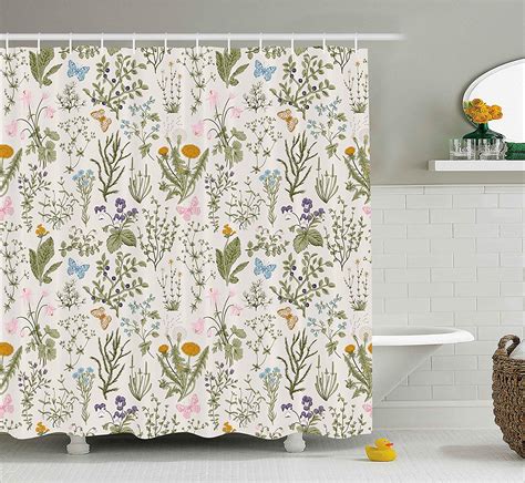 Floral Shower Curtain Vintage Garden Plants With Herbs Flowers
