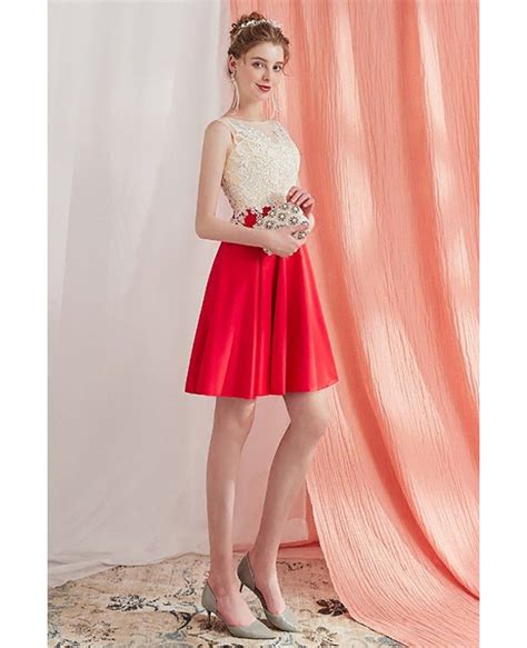 Pretty Champagne And Red Short Homecoming Dress Aline With Lace