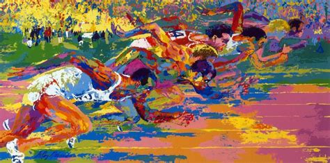 An Abstract Painting Of People Running In The Grass With Trees In The