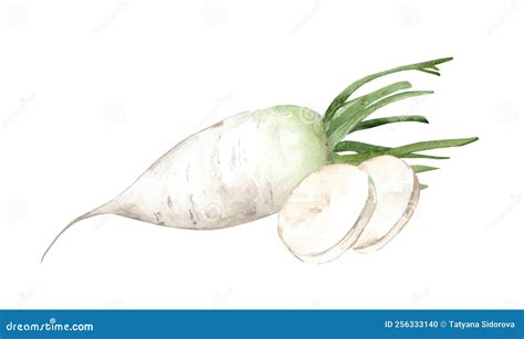 Watercolor Of Daikon Radish Fresh Turnip White Radish Vegetable