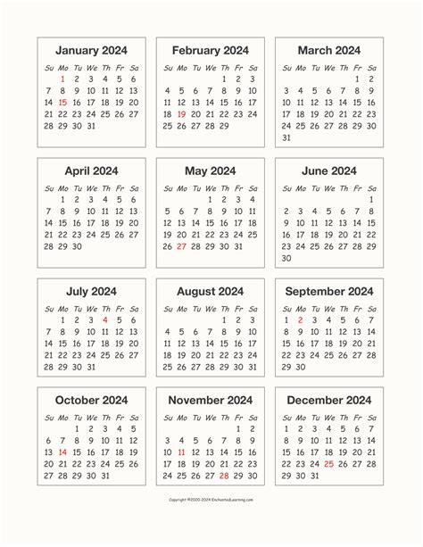 Yearly Calendar 2024 Printable 2024 Yearly Calendar Printable One