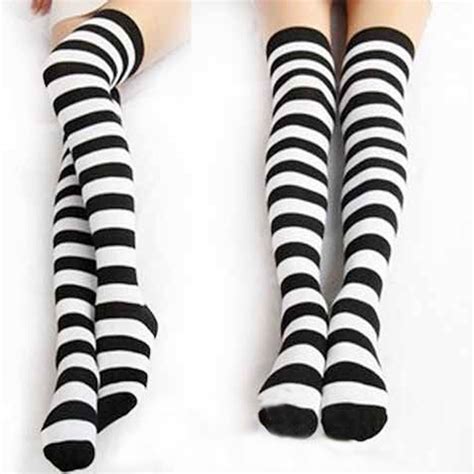 Black White Striped Long Stocking Women Warm Cotton Over The Knee Socks