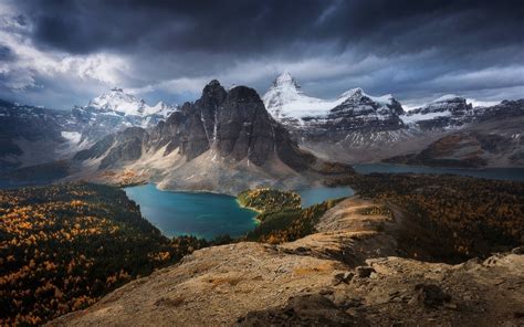 Nature Canada Mountain Lake Forest Landscape Fall Clouds Snowy Peak Turquoise Water