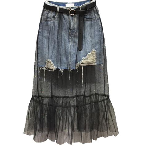 Plus Size 5xl High Waist Mesh Patchwork Denim Skirt Hole 2019 Summer Jeans Skirt A Line In