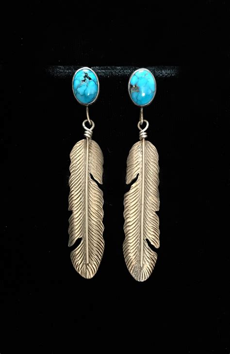 Navajo Sterling Silver Feather Earrings With Turquoise