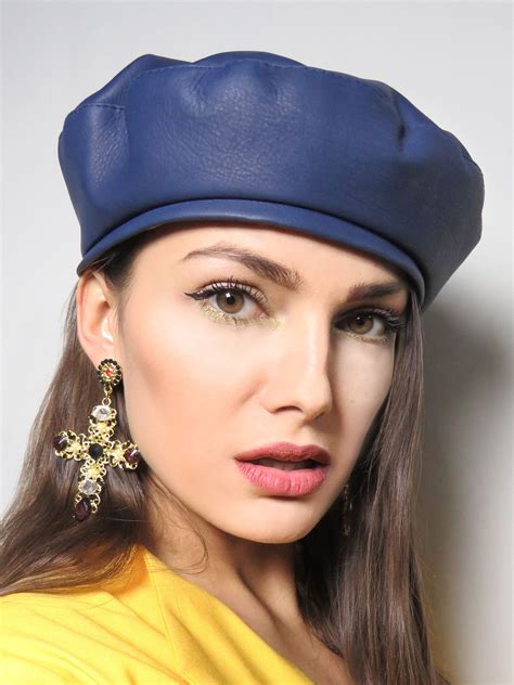 beret real leather women leather blue hats winter french berets lined by janasleather on