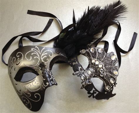 Couple Masquerade Ball Black Silver Phantom Brocade Lace Mask Etsy