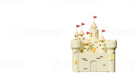 3d Sand Castle With Towers Fort Gates And Flags Isolated Summer