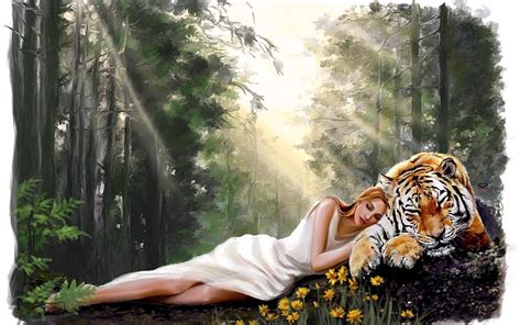 Wallpaper Women Fantasy Art Fantasy Girl Closed Eyes Tiger Dress