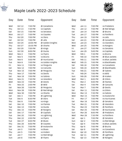 Toronto Maple Leafs 2022 23 Season Schedule